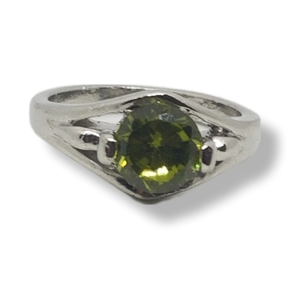 RHODIUM SILVERPLATED LADIES RING SET WITH ROUND BRILLIANT CUT GREEN CZ STONE - Picture 4 of 5